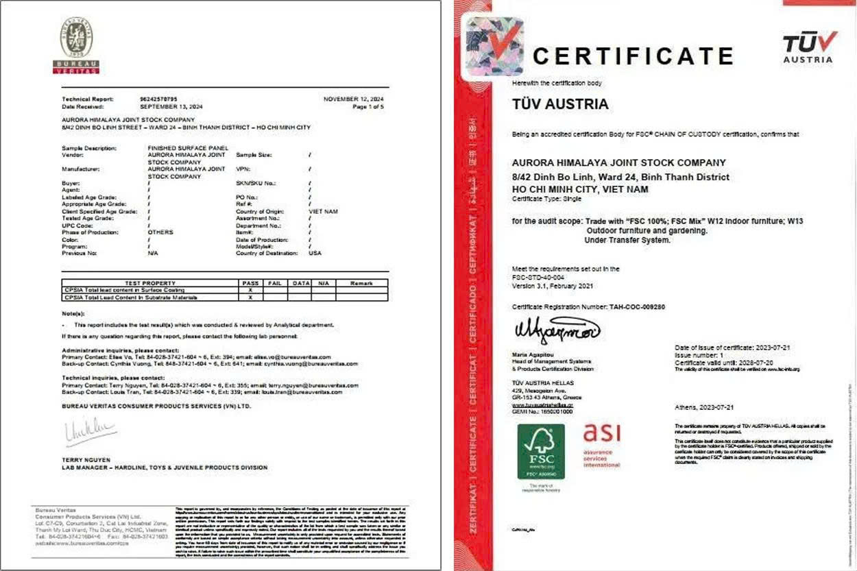 CPSIA and FSC® certifications held by The Sofa Furniture, verifying compliance and global standards at a sofa factory Vietnam