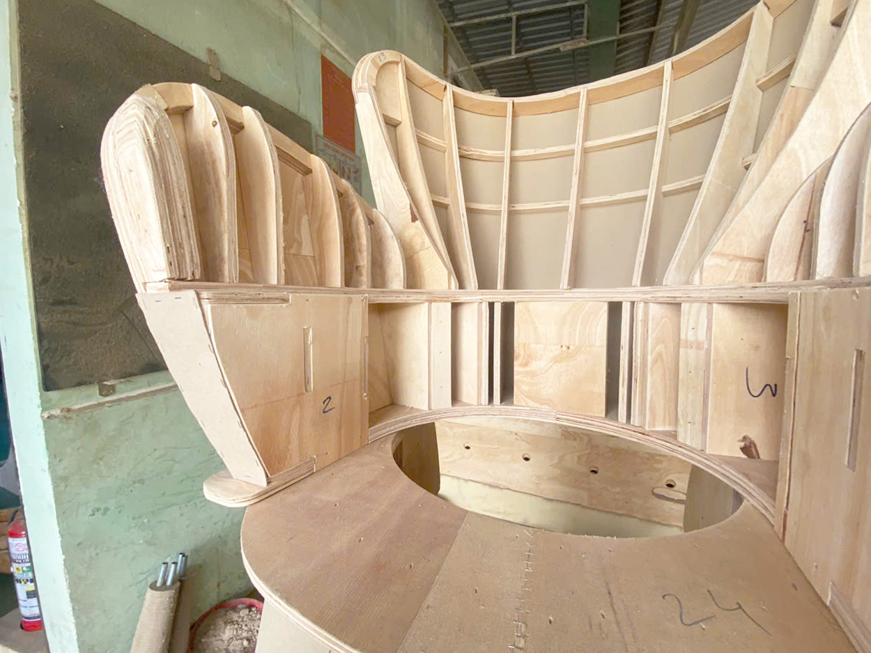 Prototype sofa frame developed in the sample workshop of a sofa factory Vietnam, demonstrating technical capability and design execution