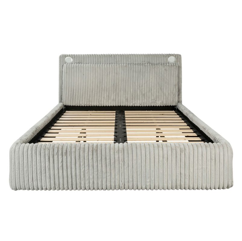 Channel-Tufted Upholstered Bed Frame with Built-in Speaker and USB Port – MB002