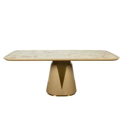 Polished Brass and Onyx Dining Table with Sculpted Conical Base DT048-1