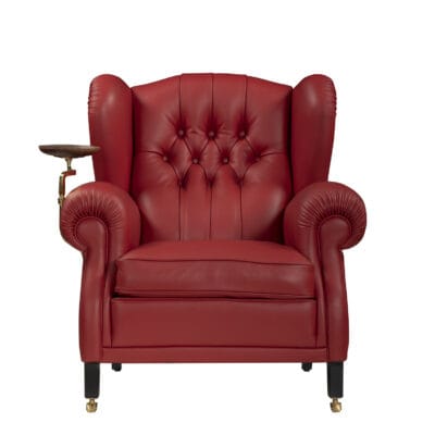Leather Armchair with Tufted Backrest and Rolled Arm Geometry