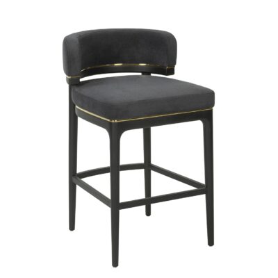 Wood Bar Chair with Velvet Upholstery and Brass Trim Accents