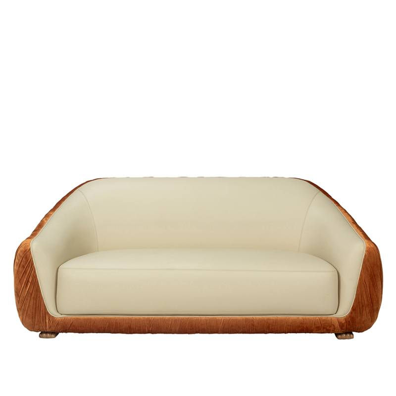 Curved Upholstered Sofa with Leather Interior and Pleated Velvet Exterior