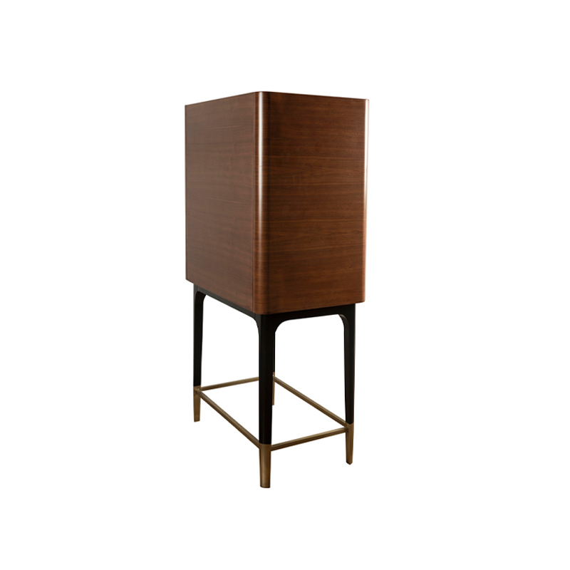 Curved Walnut Bar Cabinet with Brass Accents