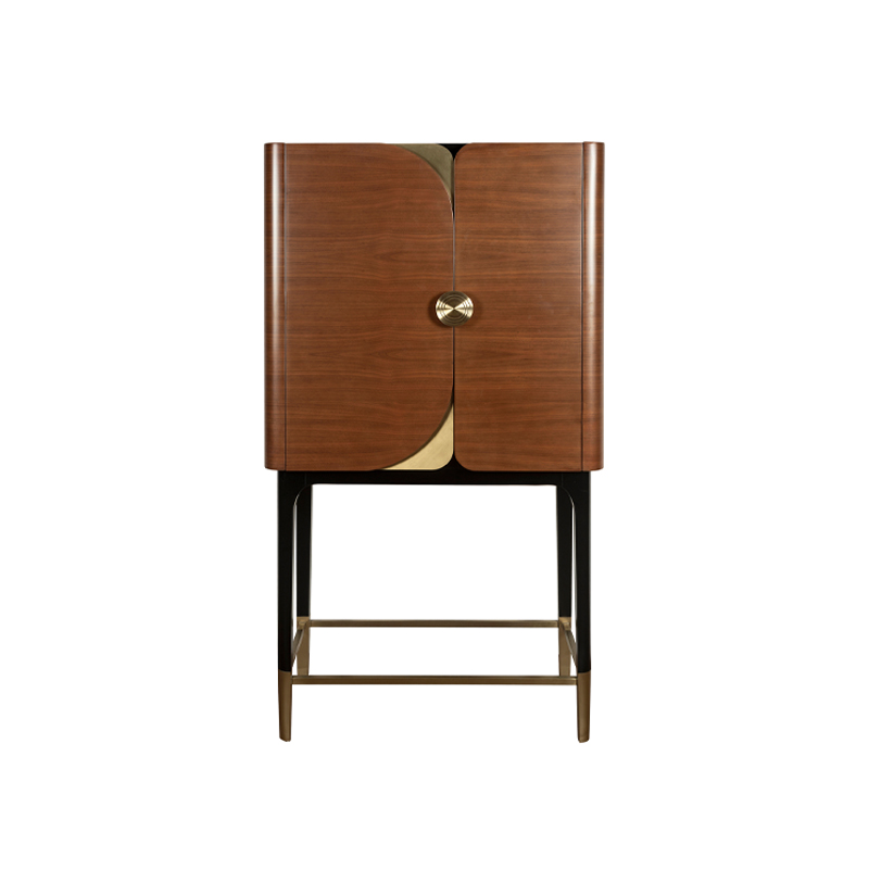 Curved Walnut Bar Cabinet with Brass Accents