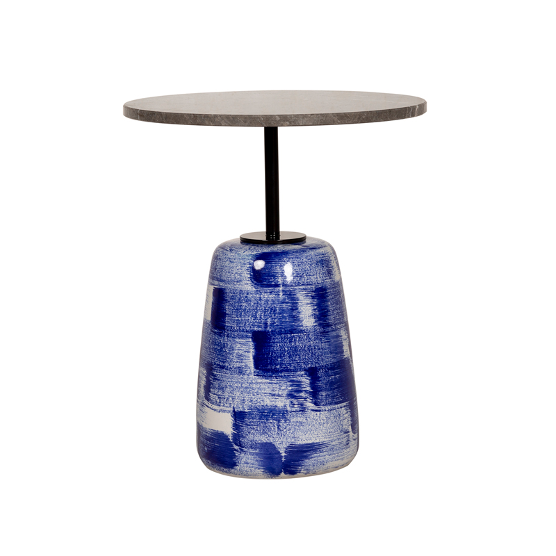 Blue and White Ceramic Base Round Marble Side Table | ST092