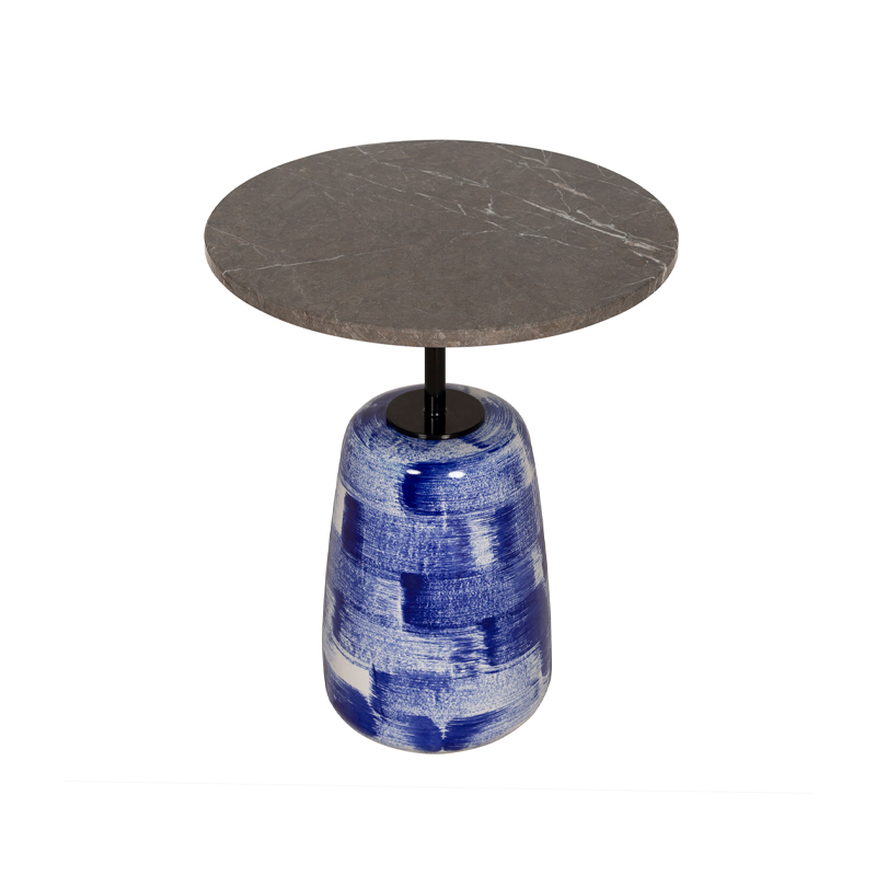 Blue and White Ceramic Base Round Marble Side Table | ST092