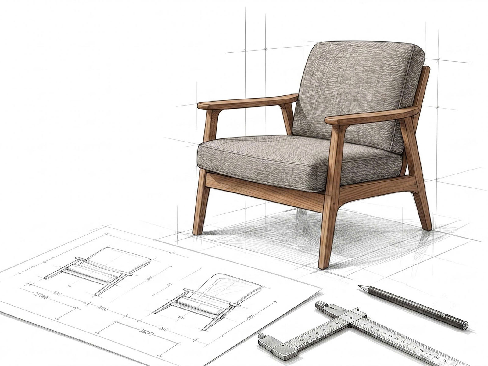 Custom furniture design and manufacturing development from technical drawing to finished chair