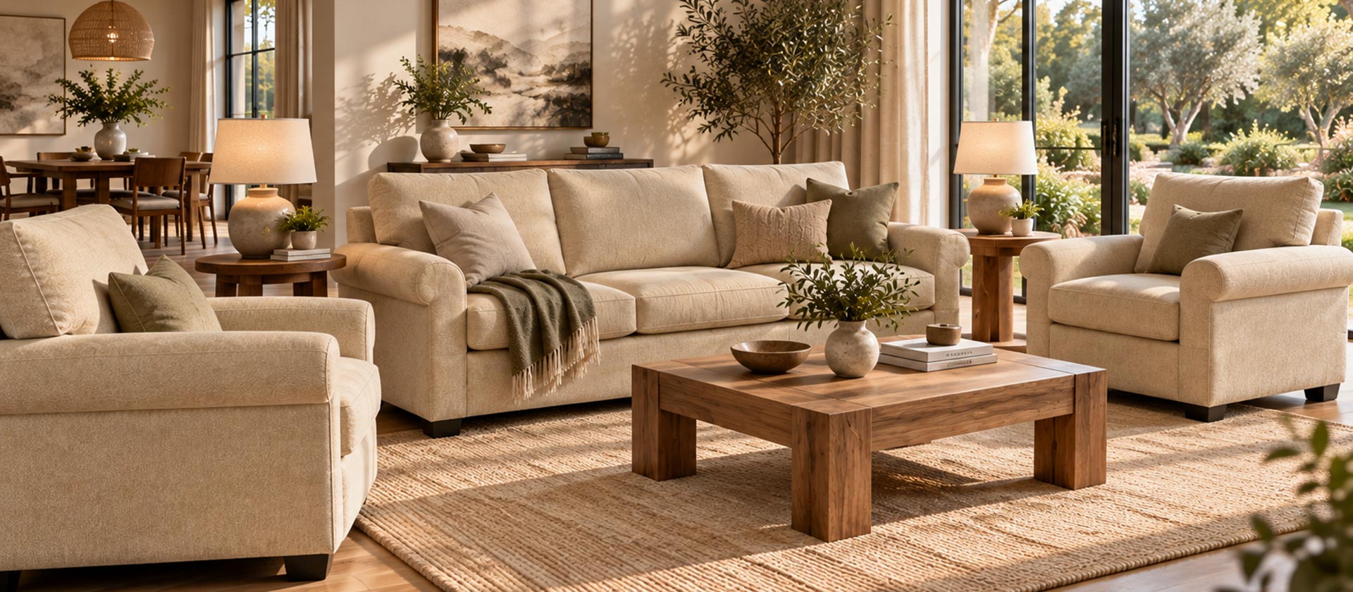 Elegant living room featuring beige upholstered sofas and armchairs in a warm, naturally lit interior.