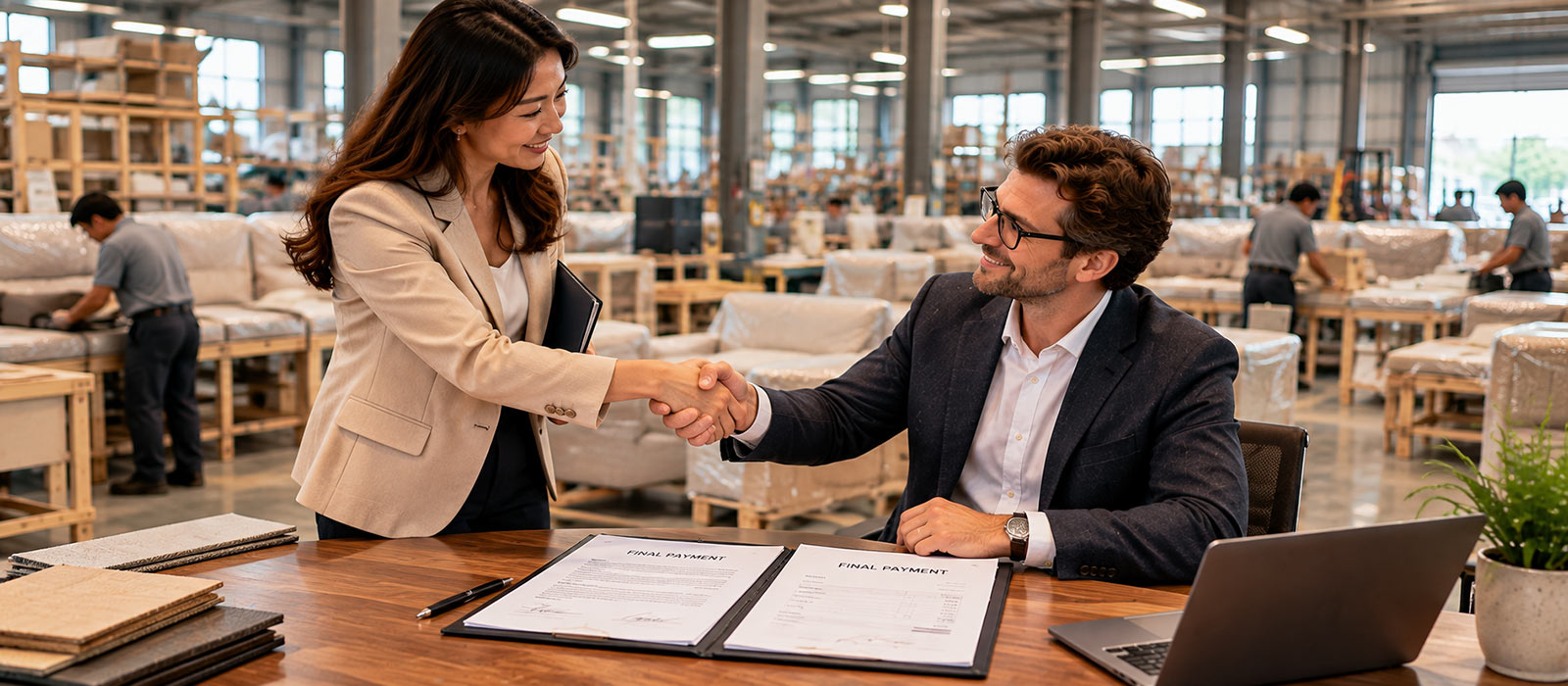 Furniture manufacturer representative and client shaking hands over final payment documents in a sofa production facility.