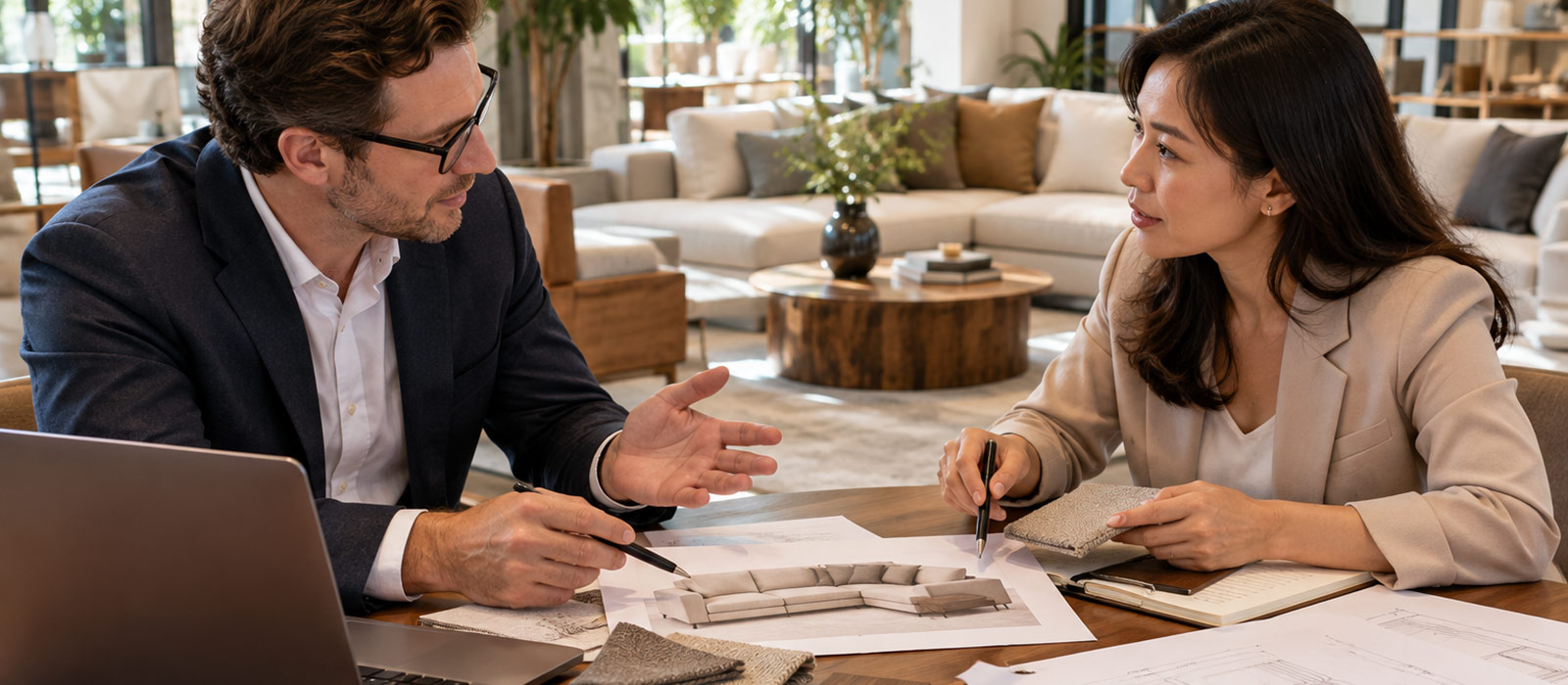 Furniture professionals discussing sofa design references and fabric samples during an initial project consultation.