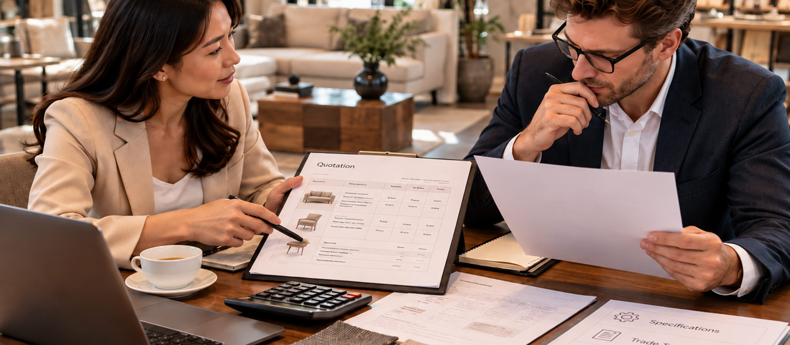 Furniture professionals reviewing a quotation, product specifications, pricing, and commercial terms for a furniture order.