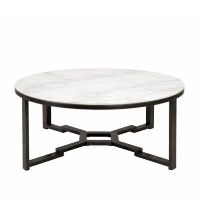White Marble Round Coffee Table with Geometric Black Metal Base
