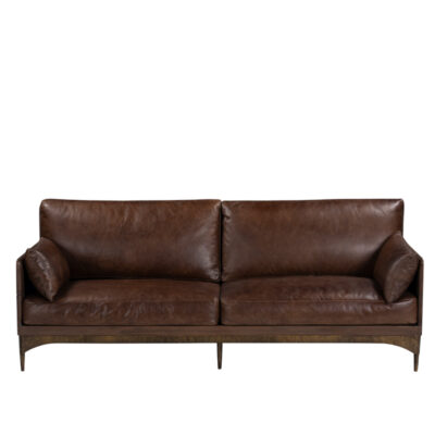 Mid-Century Modern Leather Sofa with Wooden Frame