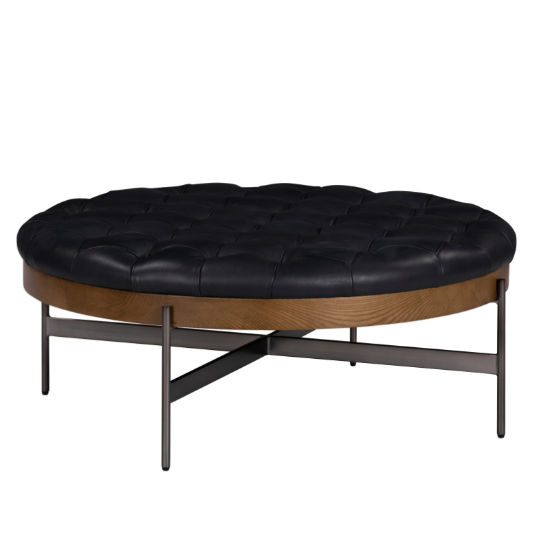 Round Black Tufted Leather Coffee Table with Wood and Metal Base | CF083