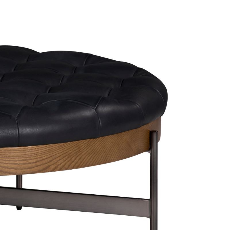 Round Black Tufted Leather Coffee Table with Wood and Metal Base | CF083