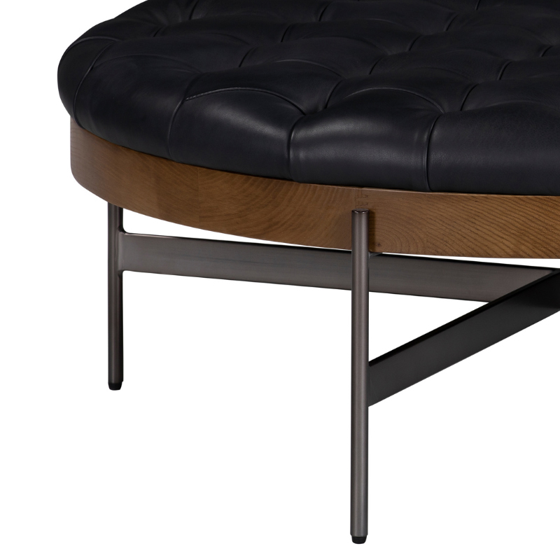 Round Black Tufted Leather Coffee Table with Wood and Metal Base | CF083