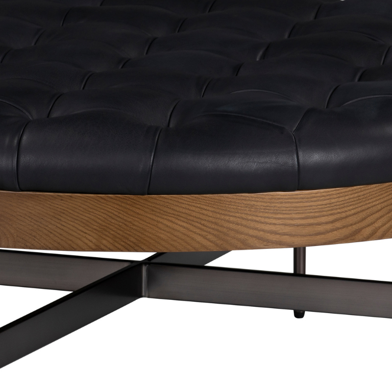 Round Black Tufted Leather Coffee Table with Wood and Metal Base | CF083