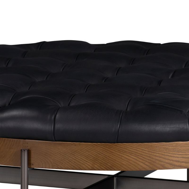 Round Black Tufted Leather Coffee Table with Wood and Metal Base | CF083