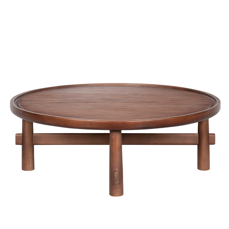 Round Fluted Wood Coffee Table with Cross-Braced Base | CF015