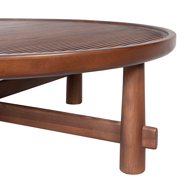 Round Fluted Wood Coffee Table with Cross-Braced Base | CF015