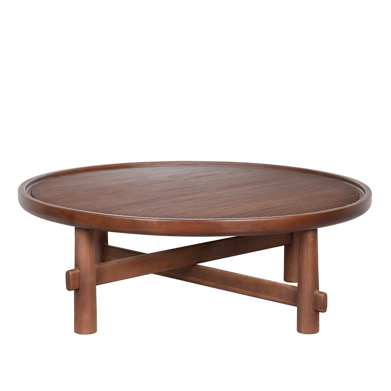 Round Fluted Wood Coffee Table with Cross-Braced Base | CF015