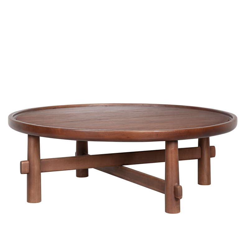 Round Fluted Wood Coffee Table with Cross-Braced Base | CF015
