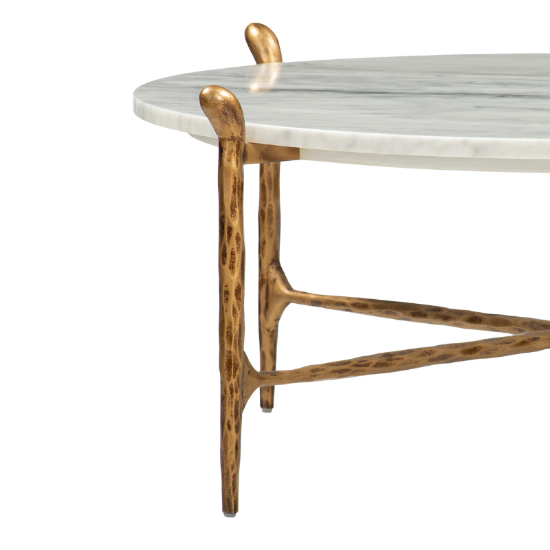Round White Marble Coffee Table with Antique Gold Branch Base | CF084
