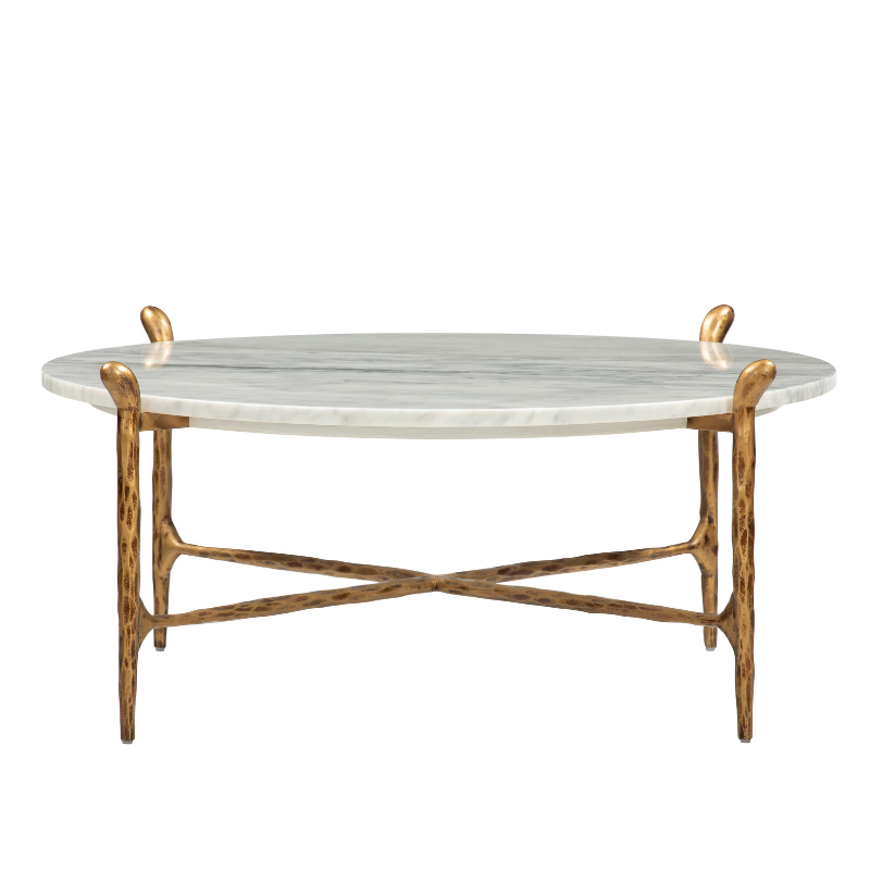Round White Marble Coffee Table with Antique Gold Branch Base | CF084