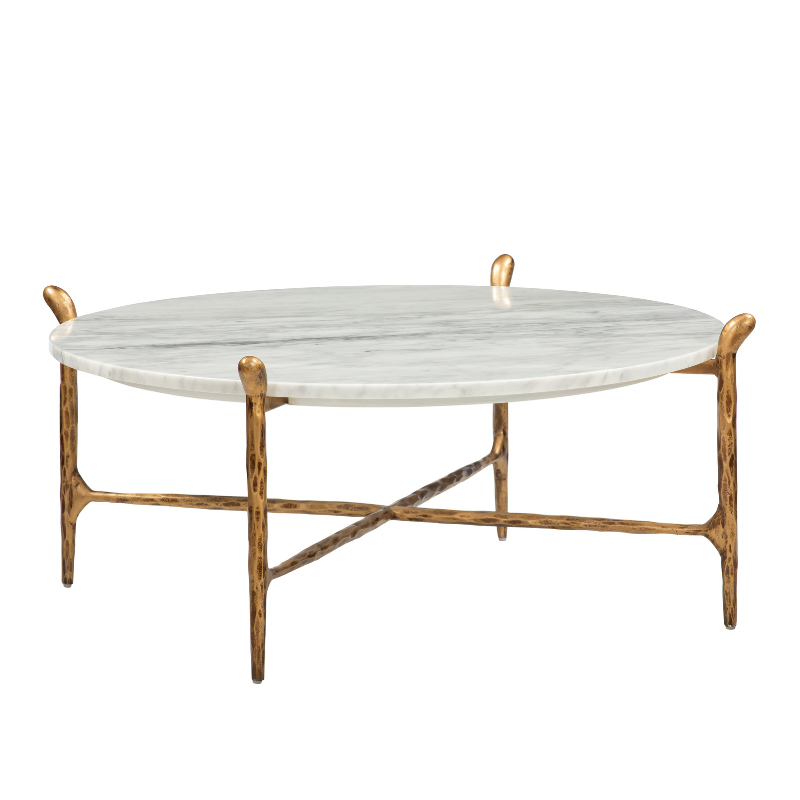 Round White Marble Coffee Table with Antique Gold Branch Base | CF084