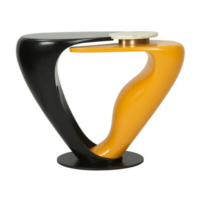 Sculptural Black and Orange Wooden Console Table with Marble Accent | CS007