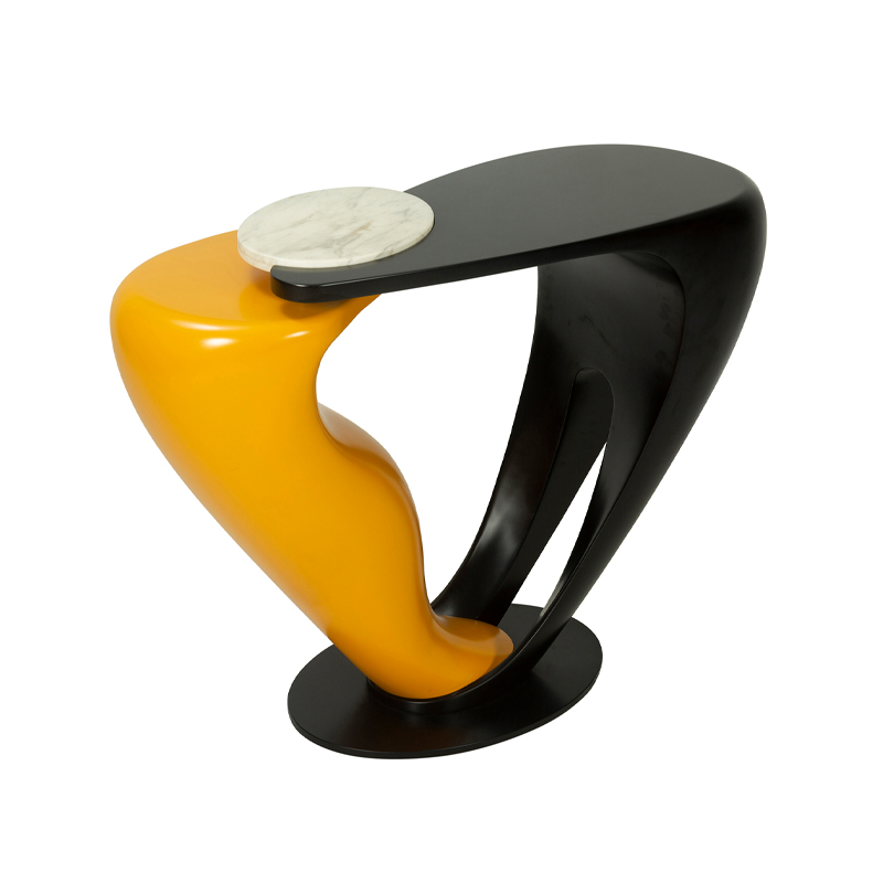 Sculptural Black and Orange Wooden Console Table with Marble Accent | CS007
