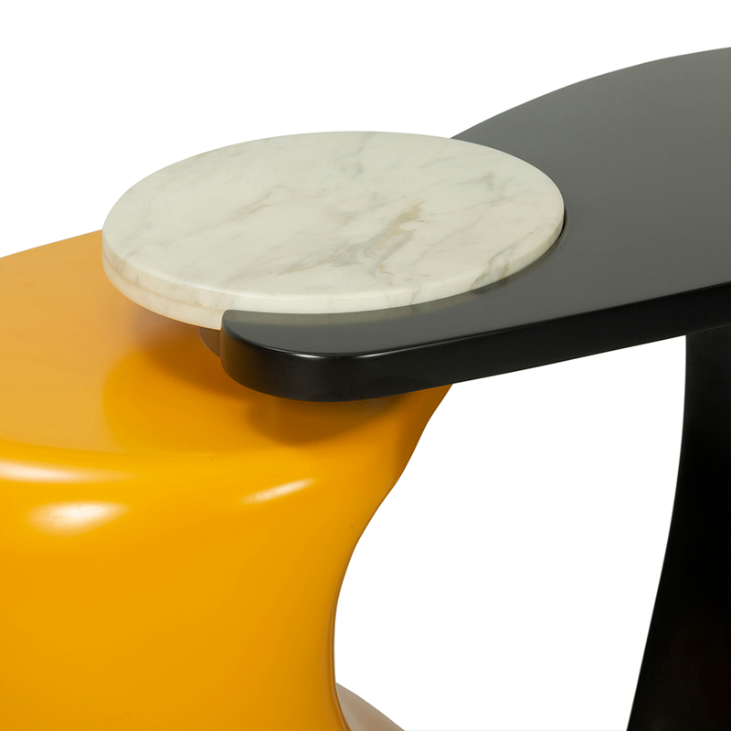 Sculptural Black and Orange Wooden Console Table with Marble Accent | CS007