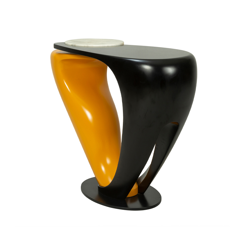 Sculptural Black and Orange Wooden Console Table with Marble Accent | CS007