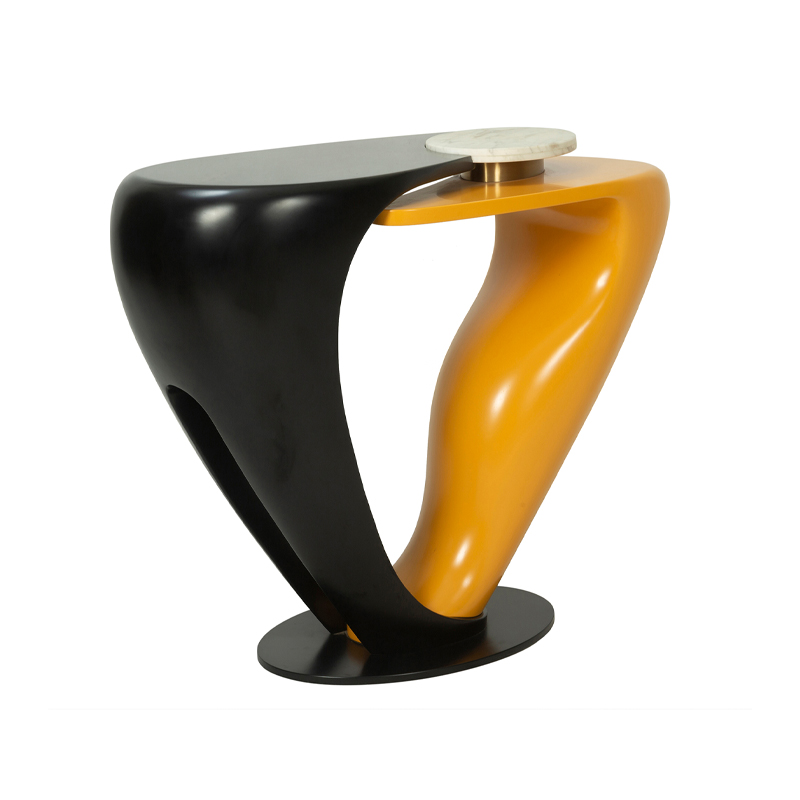 Sculptural Black and Orange Wooden Console Table with Marble Accent | CS007