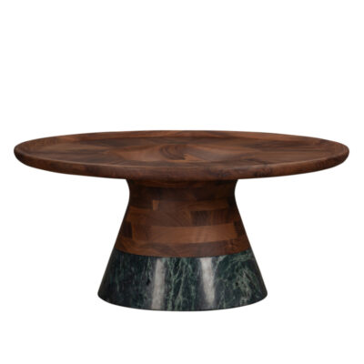 Sculptural Wood and Green Marble Round Coffee Table