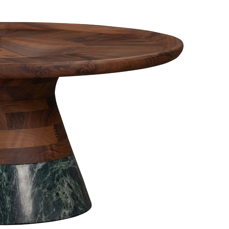 Sculptural Wood and Green Marble Round Coffee Table | CF077