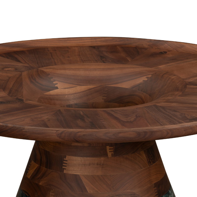 Sculptural Wood and Green Marble Round Coffee Table | CF077