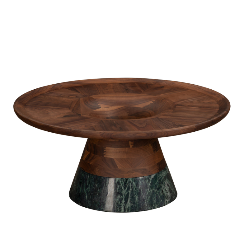 Sculptural Wood and Green Marble Round Coffee Table | CF077