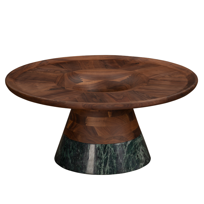 Sculptural Wood and Green Marble Round Coffee Table | CF077