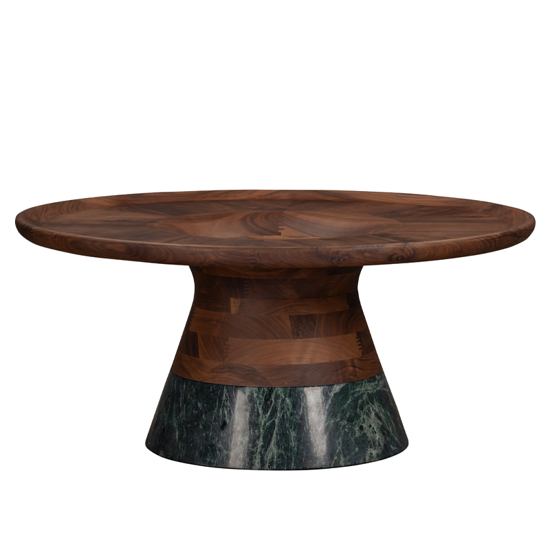 Sculptural Wood and Green Marble Round Coffee Table | CF077