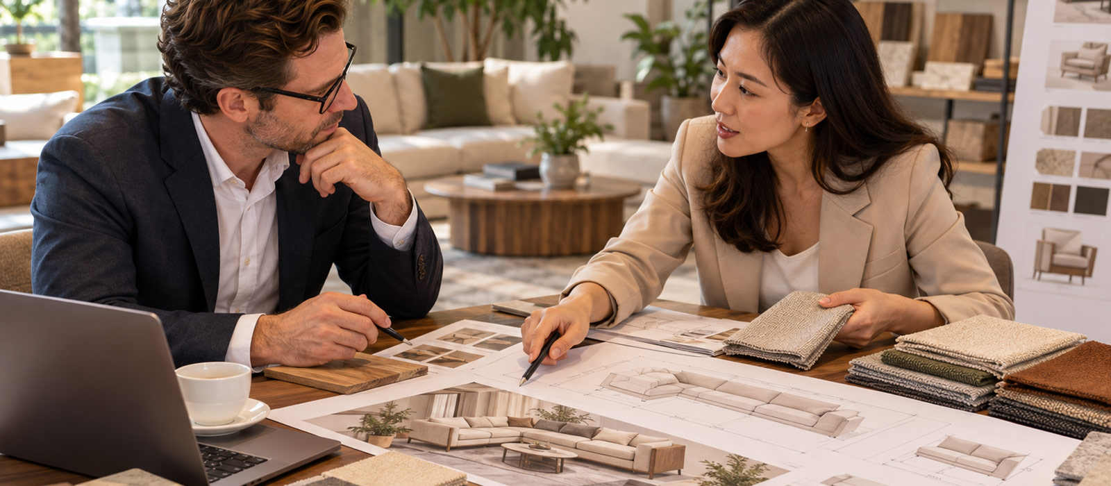 Furniture professionals reviewing sofa design drawings, upholstery fabric samples, and material options during a design consultation.