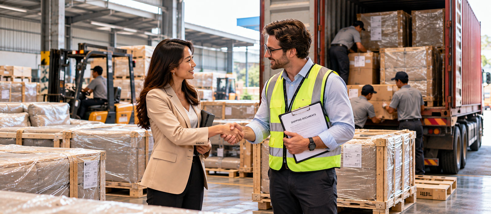 Furniture manufacturer representative coordinating shipment of packaged furniture with a logistics manager as workers load an export container.