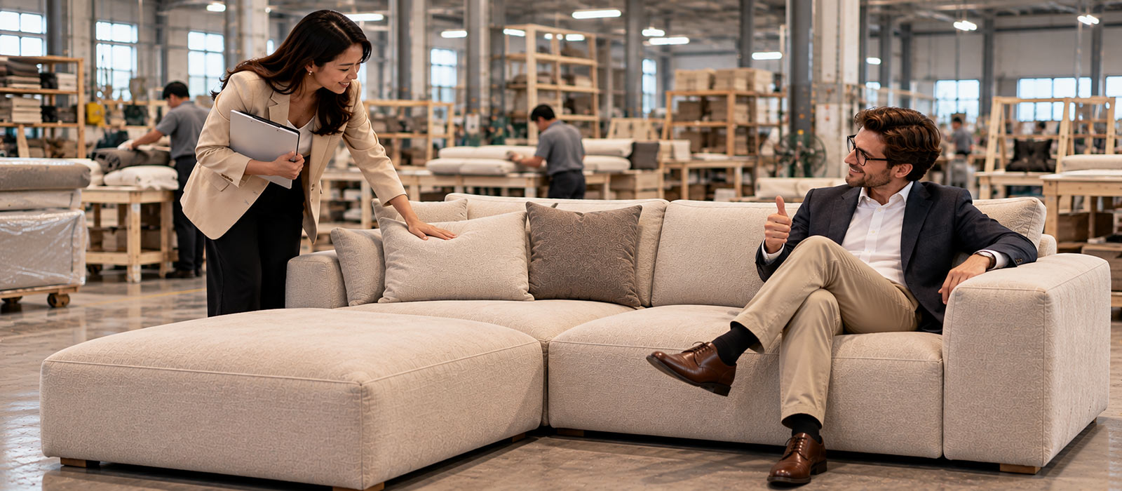 Client testing and approving an upholstered sofa sample with a furniture manufacturer representative in a production workshop.